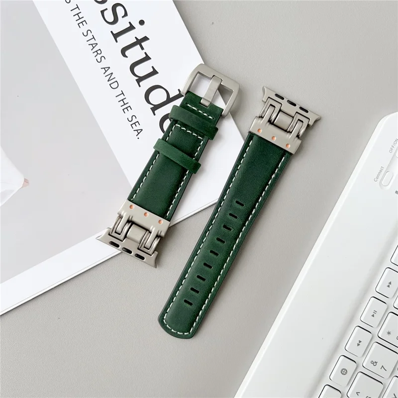 Leather Watch Band For Apple Watch Series 10 9 8 7 SE 6 5 4 3 2 1 42mm 41mm 40mm 38mm Crazy Horse Texture Wrist Strap - Dark Green