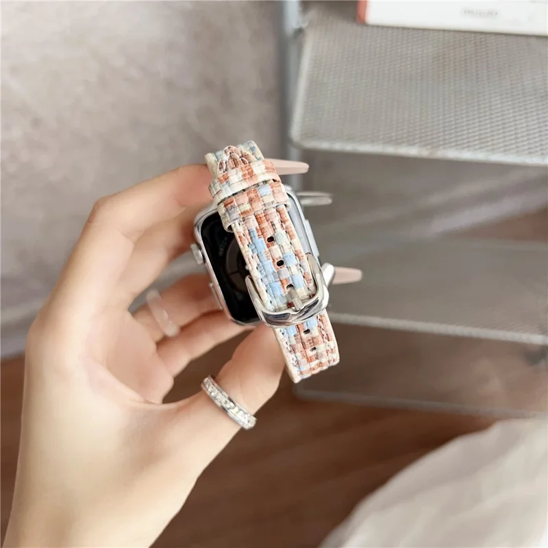 Leather Watch Band For Apple Watch Series 10 9 8 7 SE 6 5 4 3 2 1 42mm 41mm 40mm 38mm Straw Mat Texture Strap - Green