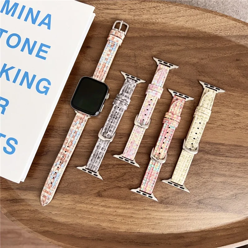 Leather Watch Band For Apple Watch Series 10 9 8 7 SE 6 5 4 3 2 1 42mm 41mm 40mm 38mm Straw Mat Texture Strap - Green