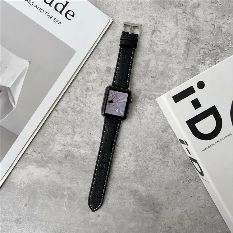 Leather Wrist Straps with Pattern For Apple Watch Series 10 Ultra 9 8 7 SE 6 5 4 3 2 1 46mm 49mm 45mm 44mm 40mm Watch Bands - Black