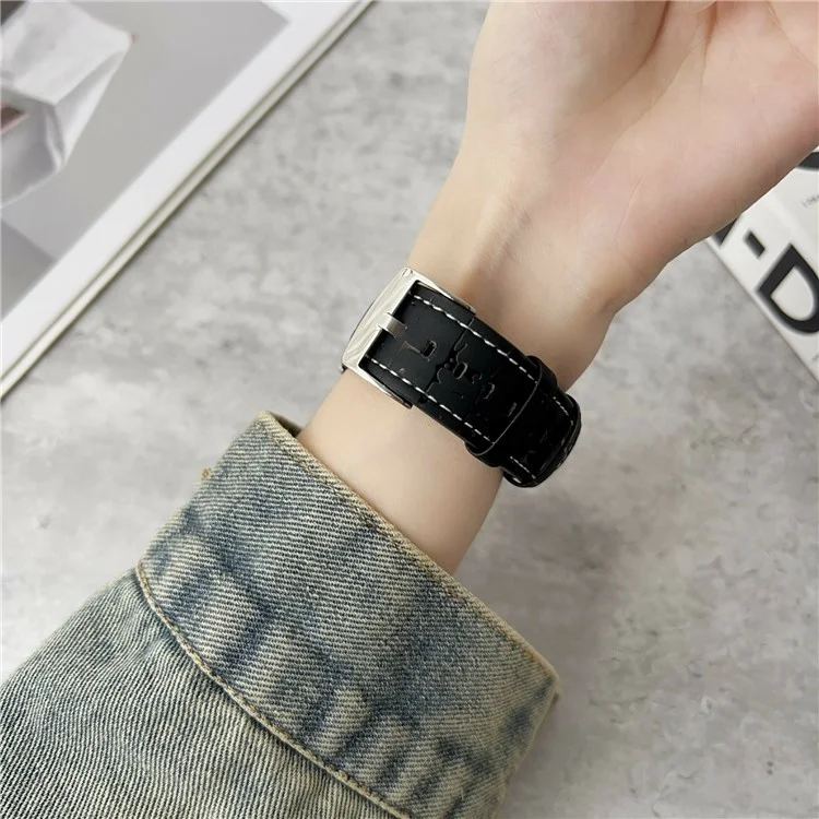 Leather Wrist Straps with Pattern For Apple Watch Series 10 Ultra 9 8 7 SE 6 5 4 3 2 1 46mm 49mm 45mm 44mm 40mm Watch Bands - Black