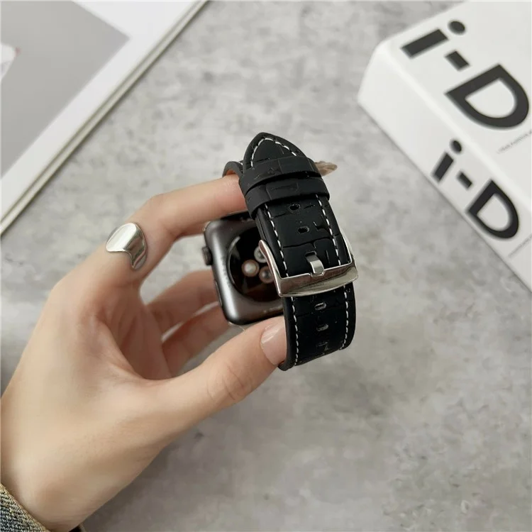 Leather Wrist Straps with Pattern For Apple Watch Series 10 Ultra 9 8 7 SE 6 5 4 3 2 1 46mm 49mm 45mm 44mm 40mm Watch Bands - Black