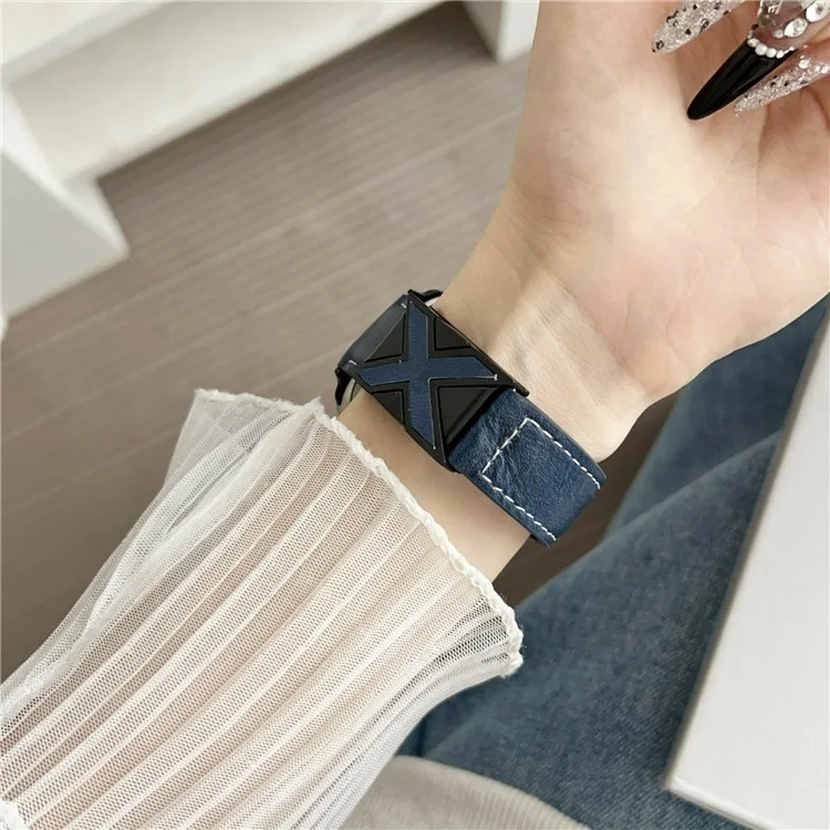 Echtes Lederarmband für Apple Watch Series 10 9 8 7 SE 6 5 4 3 2 1 42mm 41mm 40mm 38mm Armband mit magnetischem Verschluss X-Schnalle - Dunkelblau