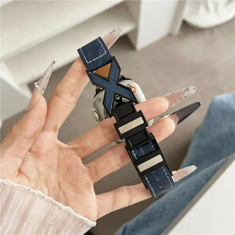 Echtes Lederarmband für Apple Watch Series 10 9 8 7 SE 6 5 4 3 2 1 42mm 41mm 40mm 38mm Armband mit magnetischem Verschluss X-Schnalle - Dunkelblau