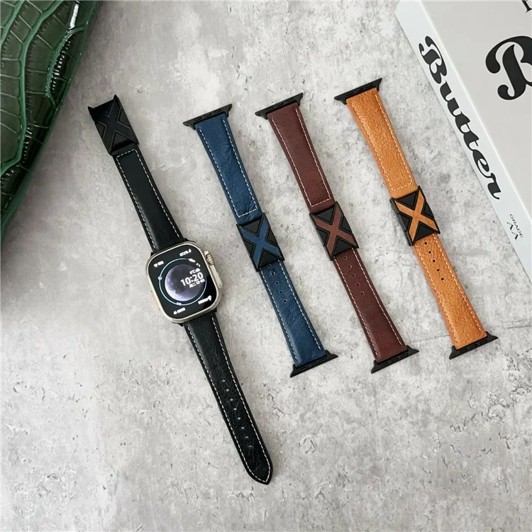 Echtes Lederarmband für Apple Watch Series 10 9 8 7 SE 6 5 4 3 2 1 42mm 41mm 40mm 38mm Armband mit magnetischem Verschluss X-Schnalle - Dunkelblau