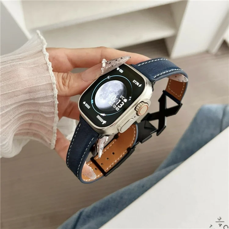 Pulseira de Couro Genuíno para Apple Watch Series 10 Ultra 9 8 7 SE 6 5 4 3 2 1 46mm 49mm 45mm 44mm 40mm com Fivela Magnética X - Azul Escuro