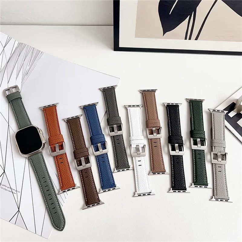 Banda de Couro Textura de Lichia para Apple Watch Series 10 9 8 7 SE 6 5 4 3 2 1 42mm 41mm 40mm 38mm Pulseiras Correia de Pulso - Verde Meia-Noite