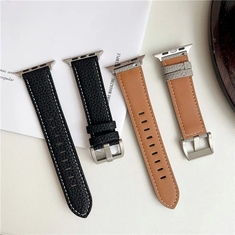 Correa de Cuero Textura Lichi para Apple Watch Series 10 Ultra 9 8 7 SE 6 5 4 3 2 1 46mm 49mm 45mm 44mm 40mm Correas de Reloj - Verde Medianoche