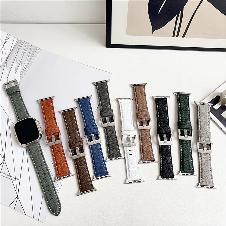 Correa de Cuero Textura Lichi para Apple Watch Series 10 Ultra 9 8 7 SE 6 5 4 3 2 1 46mm 49mm 45mm 44mm 40mm Correas de Reloj - Verde Medianoche