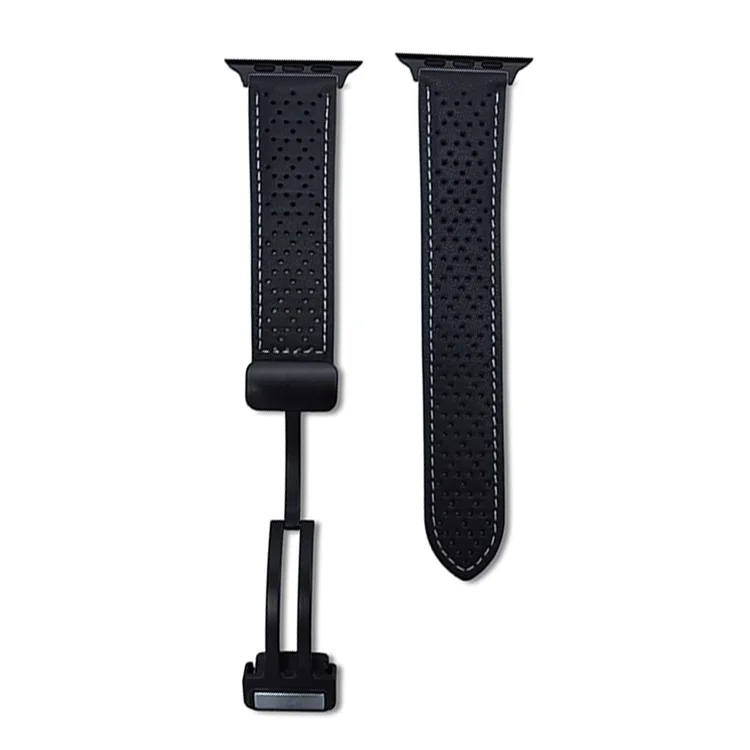Replacement Strap for Apple Watch Series 10 Ultra 9 8 7 SE 6 5 4 3 2 1 46mm 49mm 45mm 44mm 42mm Magnetic Buckle Genuine Leather Watch Band - Black