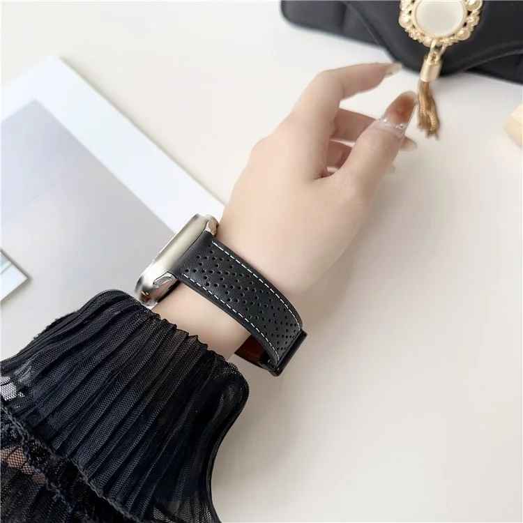 Replacement Strap for Apple Watch Series 10 Ultra 9 8 7 SE 6 5 4 3 2 1 46mm 49mm 45mm 44mm 42mm Magnetic Buckle Genuine Leather Watch Band - Black