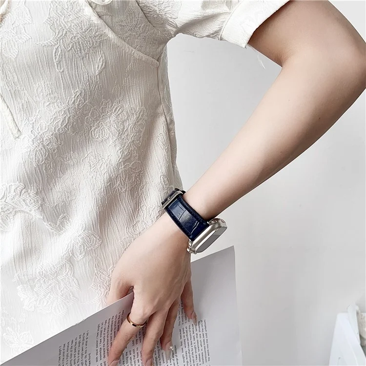 Watch Strap for Apple Watch Series 10 Ultra 9 8 7 SE 6 5 4 3 2 1 46mm 49mm 45mm 44mm 42mm Bamboo Texture PU + Silicone Band - Midnight Blue