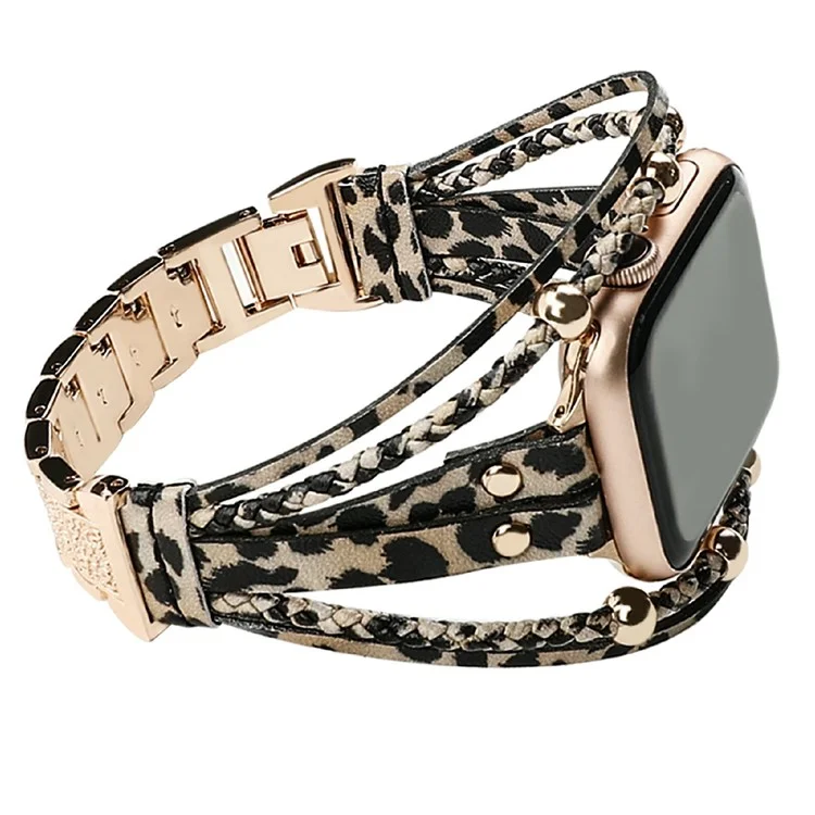 Watch Band For Apple Watch Series 10 Ultra 9 8 7 SE 6 5 4 3 2 1 46mm 49mm 45mm 44mm 42mm Braided Double Loop Alloy Leather Strap - Leopard  /  Rose Gold