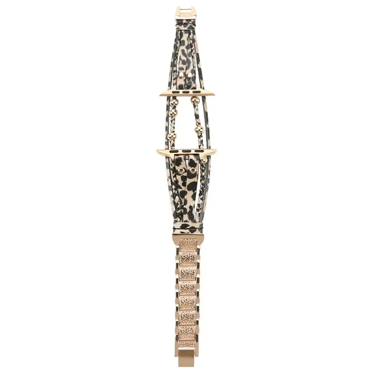 Watch Band For Apple Watch Series 10 Ultra 9 8 7 SE 6 5 4 3 2 1 46mm 49mm 45mm 44mm 42mm Braided Double Loop Alloy Leather Strap - Leopard  /  Rose Gold