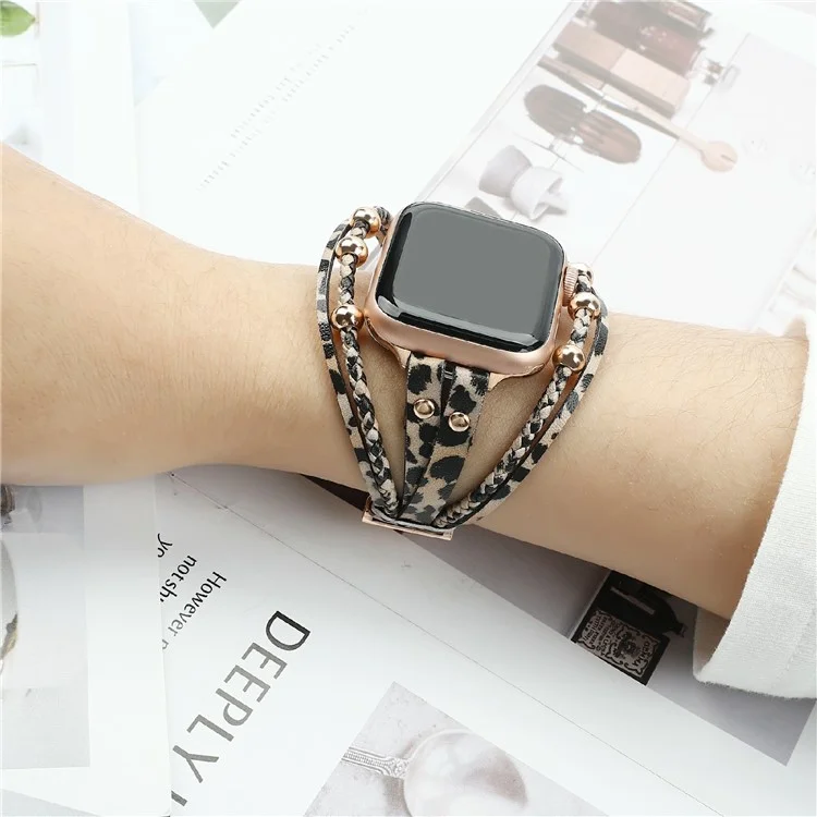 Watch Band For Apple Watch Series 10 Ultra 9 8 7 SE 6 5 4 3 2 1 46mm 49mm 45mm 44mm 42mm Braided Double Loop Alloy Leather Strap - Leopard  /  Rose Gold