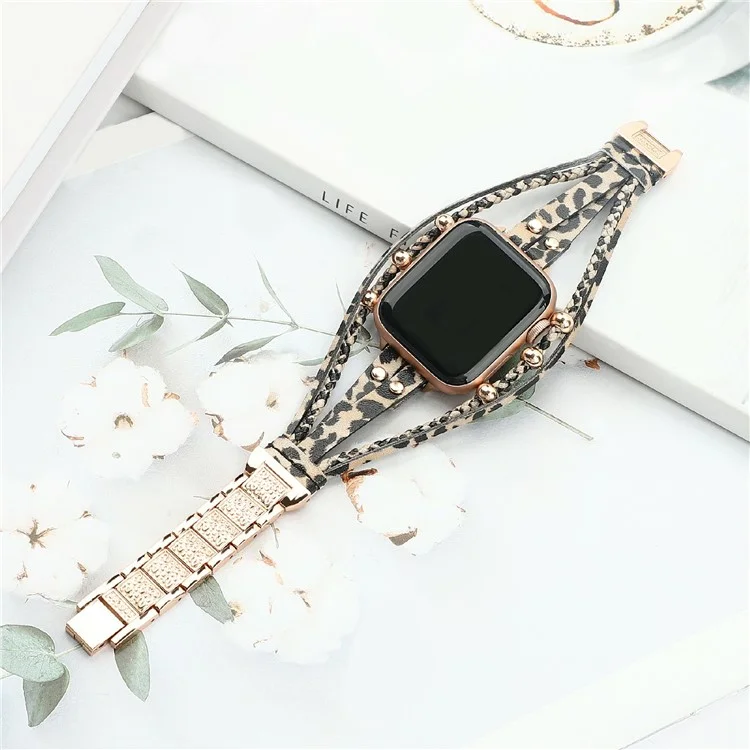 Watch Band For Apple Watch Series 10 Ultra 9 8 7 SE 6 5 4 3 2 1 46mm 49mm 45mm 44mm 42mm Braided Double Loop Alloy Leather Strap - Leopard  /  Rose Gold