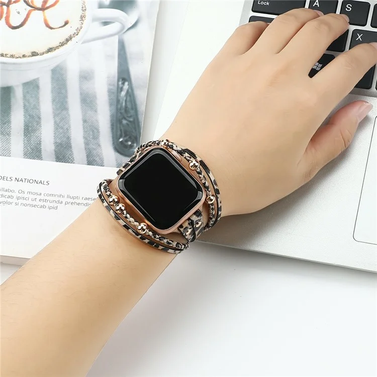 Watch Band For Apple Watch Series 10 9 8 7 SE 6 5 4 3 2 1 42mm 41mm 40mm 38mm Braided Double Loop Alloy Leather Strap - Leopard  /  Rose Gold