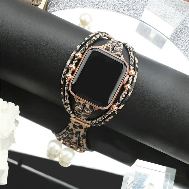 Watch Band For Apple Watch Series 10 9 8 7 SE 6 5 4 3 2 1 42mm 41mm 40mm 38mm Braided Double Loop Alloy Leather Strap - Leopard  /  Rose Gold
