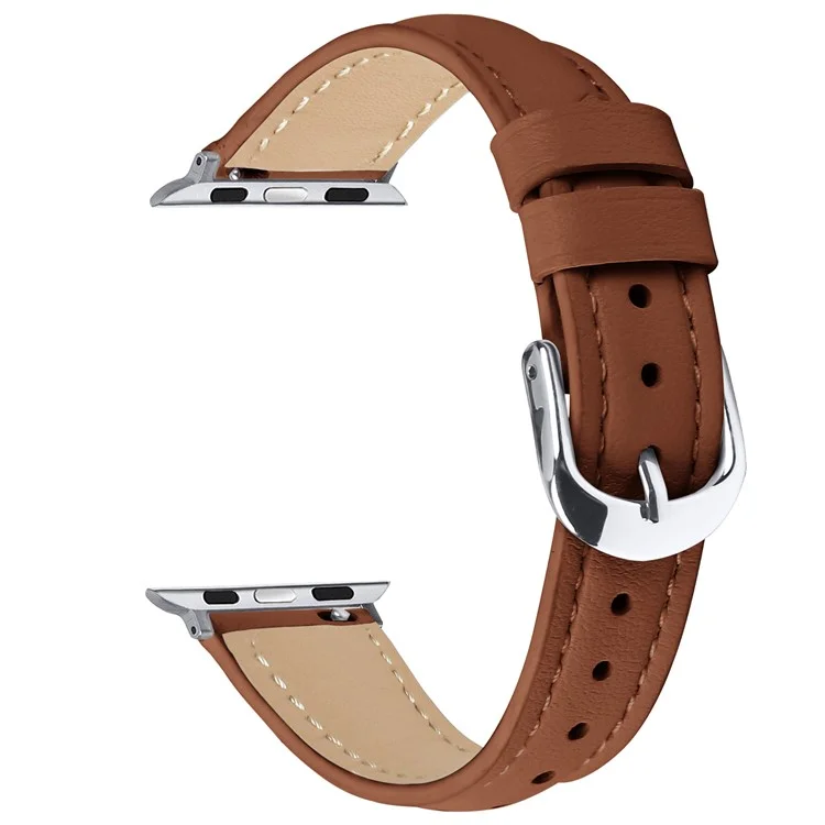 Cinturino per Apple Watch Serie 10 9 8 7 SE 6 5 4 3 2 1 42mm 41mm 40mm 38mm Sottile Cinturino in Vera Pelle di Mucca con Fibbia Argentata - Marrone