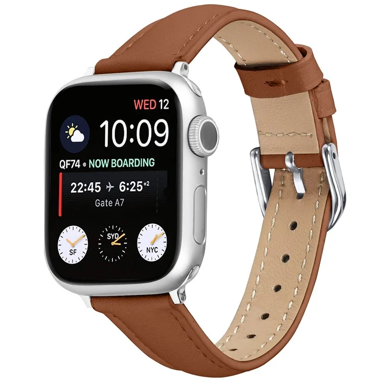 Cinturino per Apple Watch Serie 10 9 8 7 SE 6 5 4 3 2 1 42mm 41mm 40mm 38mm Sottile Cinturino in Vera Pelle di Mucca con Fibbia Argentata - Marrone