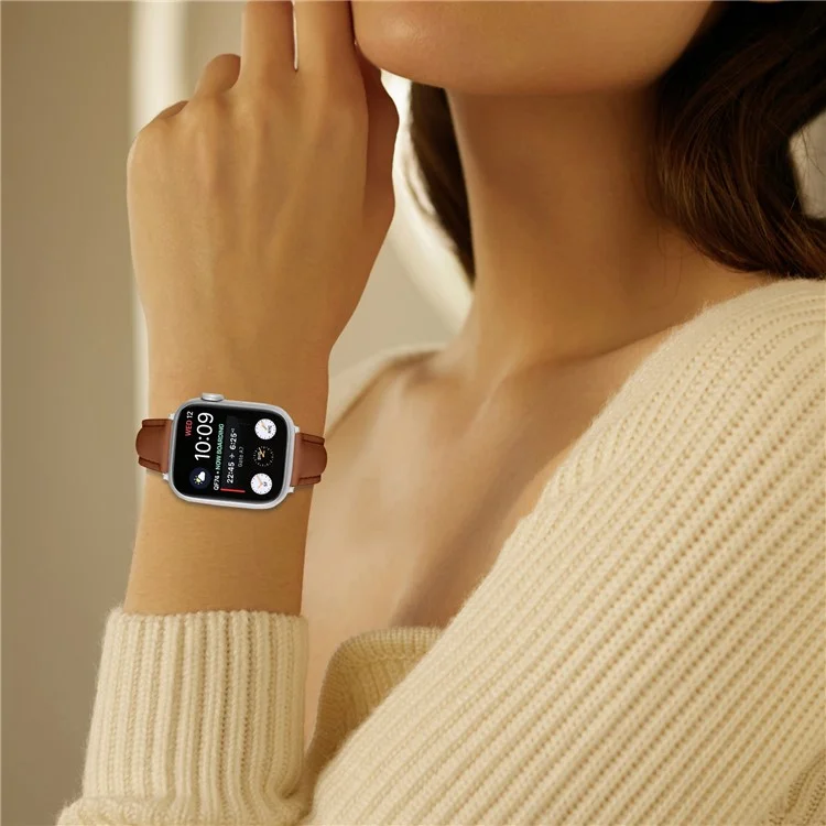 Cinturino per Apple Watch Serie 10 9 8 7 SE 6 5 4 3 2 1 42mm 41mm 40mm 38mm Sottile Cinturino in Vera Pelle di Mucca con Fibbia Argentata - Marrone