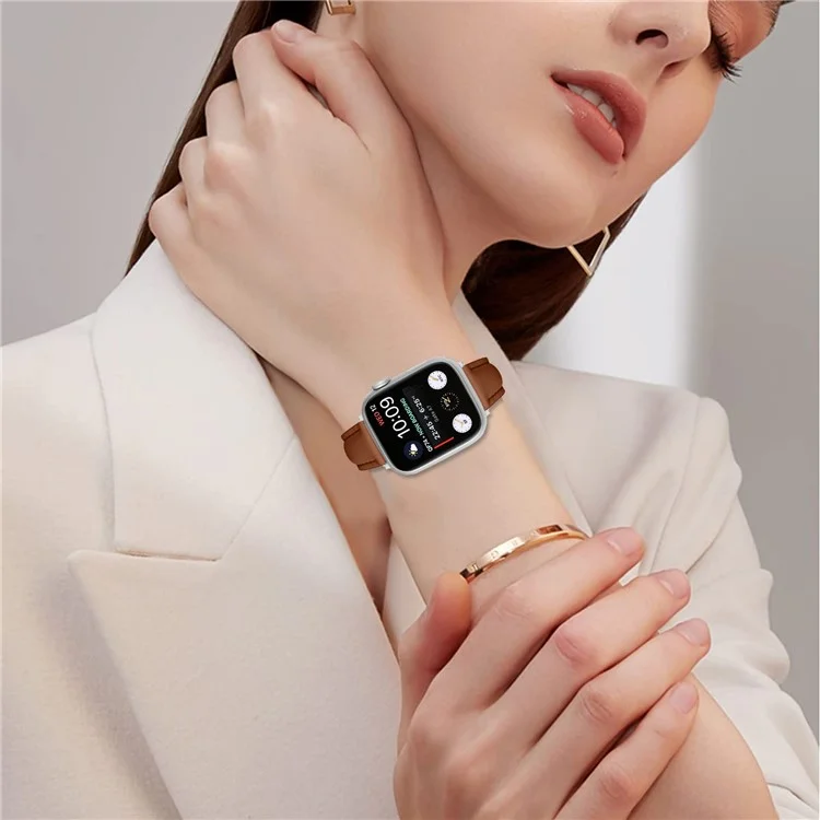 Cinturino per Apple Watch Serie 10 9 8 7 SE 6 5 4 3 2 1 42mm 41mm 40mm 38mm Sottile Cinturino in Vera Pelle di Mucca con Fibbia Argentata - Marrone
