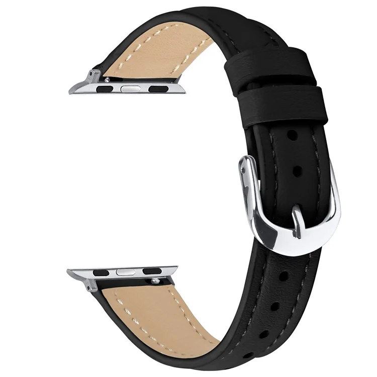 Pulseira de Couro Genuíno para Apple Watch Series 10 Ultra 9 8 7 SE 6 5 4 3 2 1 46mm 49mm 45mm 44mm 42mm com Fivela de Prata - Preto