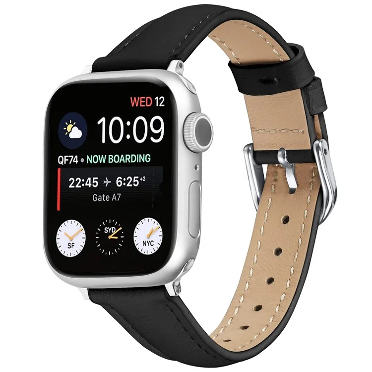 Pulseira de Couro Genuíno para Apple Watch Series 10 Ultra 9 8 7 SE 6 5 4 3 2 1 46mm 49mm 45mm 44mm 42mm com Fivela de Prata - Preto