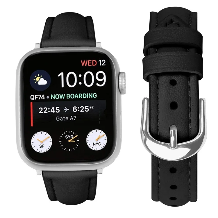 Pulseira de Couro Genuíno para Apple Watch Series 10 Ultra 9 8 7 SE 6 5 4 3 2 1 46mm 49mm 45mm 44mm 42mm com Fivela de Prata - Preto