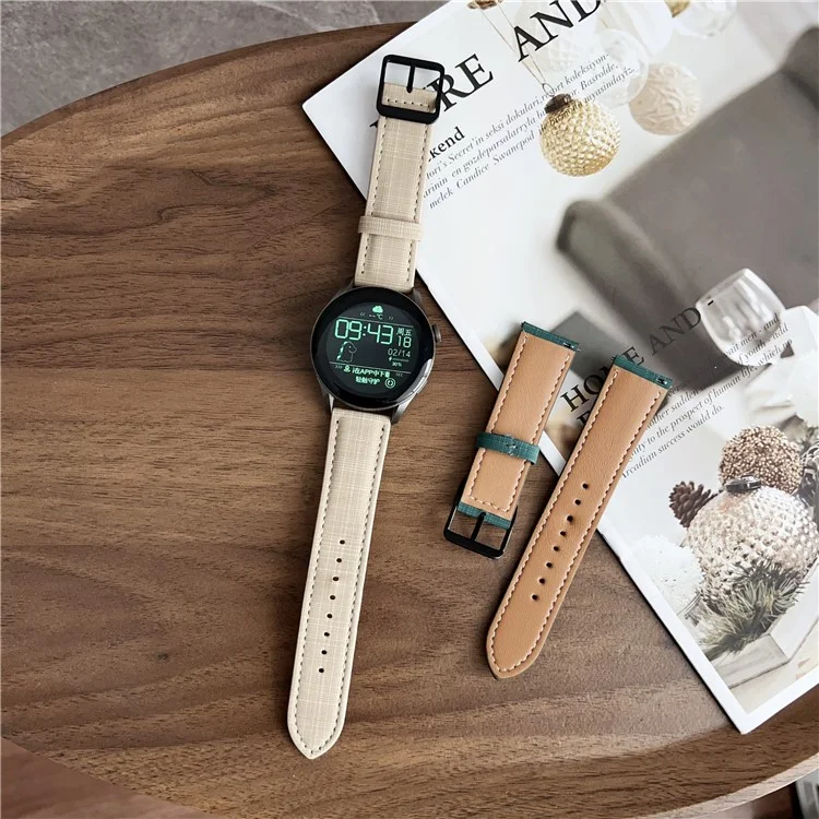 For Huawei Watch GT 5 46mm Watch Band 22mm Braided Checkered Pattern Ring Buckle Leather Wrist Strap - Dark Green