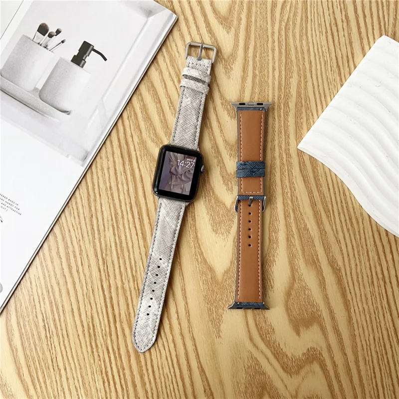 Watch Bands For Apple Watch Ultra 3 2 1 49mm / Series 11 10 46mm / 9 8 7 45mm / SE3 SE2 SE 6 5 4 44mm / 3 2 1 42mm Leather Wrist Strap with Steel Buckle - Bright Blue