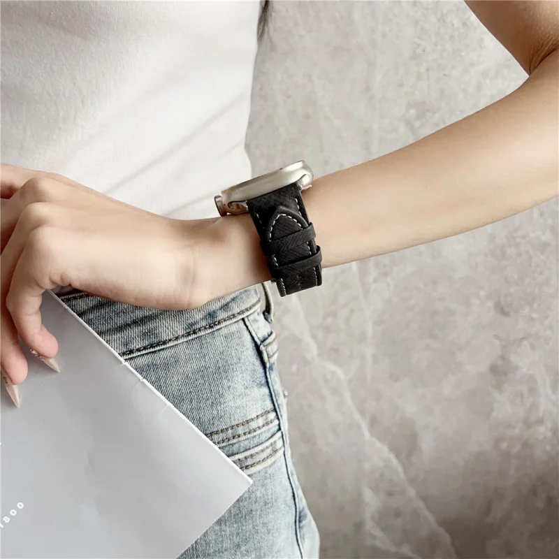 Leather Watchband For Apple Watch Series 10 9 8 7 SE 6 5 4 3 2 1 42mm 41mm 40mm 38mm Wrist Strap Replacement - White