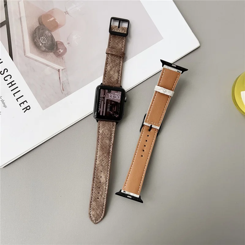 Double Loop Buckle Leather Band For Apple Watch Series 11 10 42mm / 9 8 7 41mm / SE3 SE2 SE 6 5 4 40mm / 3 2 1 38mm Watch Bands Strap - Cream Coffee