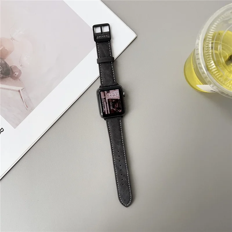 Double Loop Buckle Leather Band For Apple Watch Series 11 10 42mm / 9 8 7 41mm / SE3 SE2 SE 6 5 4 40mm / 3 2 1 38mm Watch Bands Strap - Cream Coffee