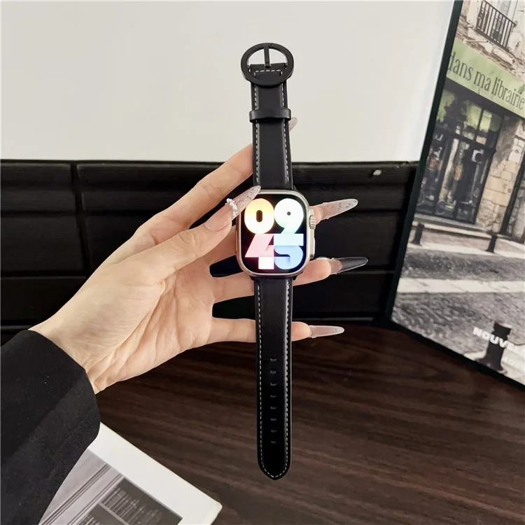 Crazy Horse Texture Round Buckle Leather Watch Band For Apple Watch Series 10 Ultra 9 8 7 SE 6 5 4 3 2 1 46mm 49mm 45mm 44mm 42mm - Black Brown