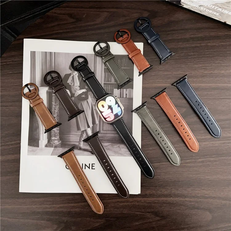 Cinturino in Pelle Texture Crazy Horse con Fibbia Tonda per Apple Watch Series 10 Ultra 9 8 7 SE 6 5 4 3 2 1 46mm 49mm 45mm 44mm 42mm - Marrone Scuro