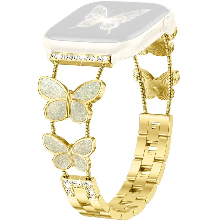 Zinc Alloy Bands For Apple Watch 10 Ultra 9 8 7 SE 6 5 4 3 2 1 46mm 49mm 45mm 44mm 42mm Double Butterfly Chain Strap - Gold  /  Glitter