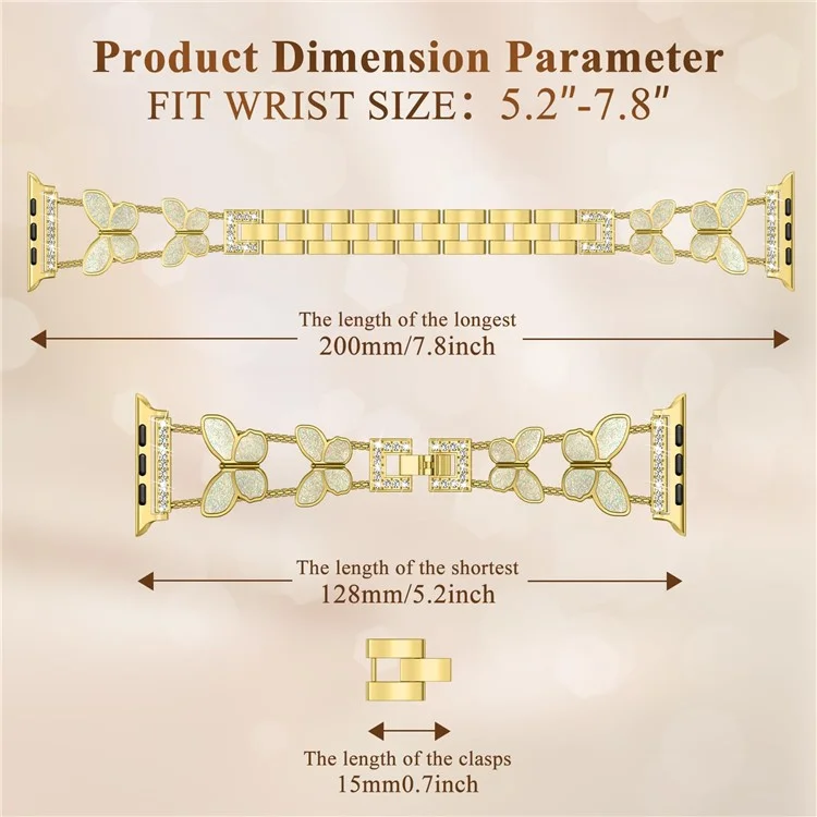 Zinc Alloy Bands For Apple Watch 10 Ultra 9 8 7 SE 6 5 4 3 2 1 46mm 49mm 45mm 44mm 42mm Double Butterfly Chain Strap - Gold  /  Glitter
