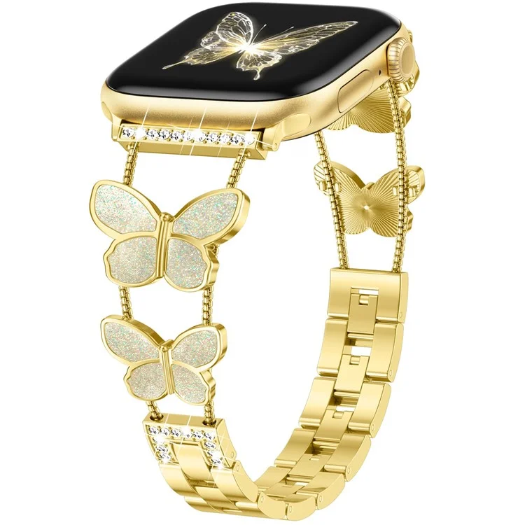Zinc Alloy Bands For Apple Watch 10 Ultra 9 8 7 SE 6 5 4 3 2 1 46mm 49mm 45mm 44mm 42mm Double Butterfly Chain Strap - Gold  /  Glitter