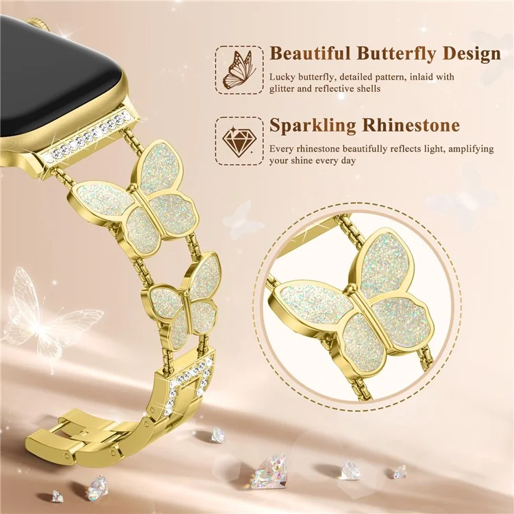 Zinc Alloy Bands For Apple Watch 10 Ultra 9 8 7 SE 6 5 4 3 2 1 46mm 49mm 45mm 44mm 42mm Double Butterfly Chain Strap - Gold  /  Glitter