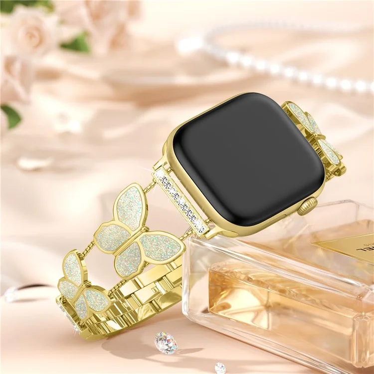 Zinc Alloy Bands For Apple Watch 10 Ultra 9 8 7 SE 6 5 4 3 2 1 46mm 49mm 45mm 44mm 42mm Double Butterfly Chain Strap - Gold  /  Glitter