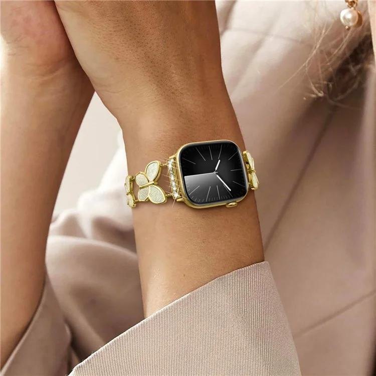 Zinc Alloy Bands For Apple Watch 10 Ultra 9 8 7 SE 6 5 4 3 2 1 46mm 49mm 45mm 44mm 42mm Double Butterfly Chain Strap - Gold  /  Glitter