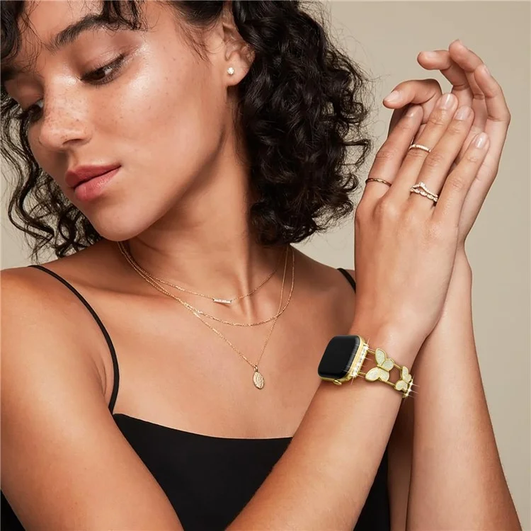 Zinc Alloy Bands For Apple Watch 10 Ultra 9 8 7 SE 6 5 4 3 2 1 46mm 49mm 45mm 44mm 42mm Double Butterfly Chain Strap - Gold  /  Glitter