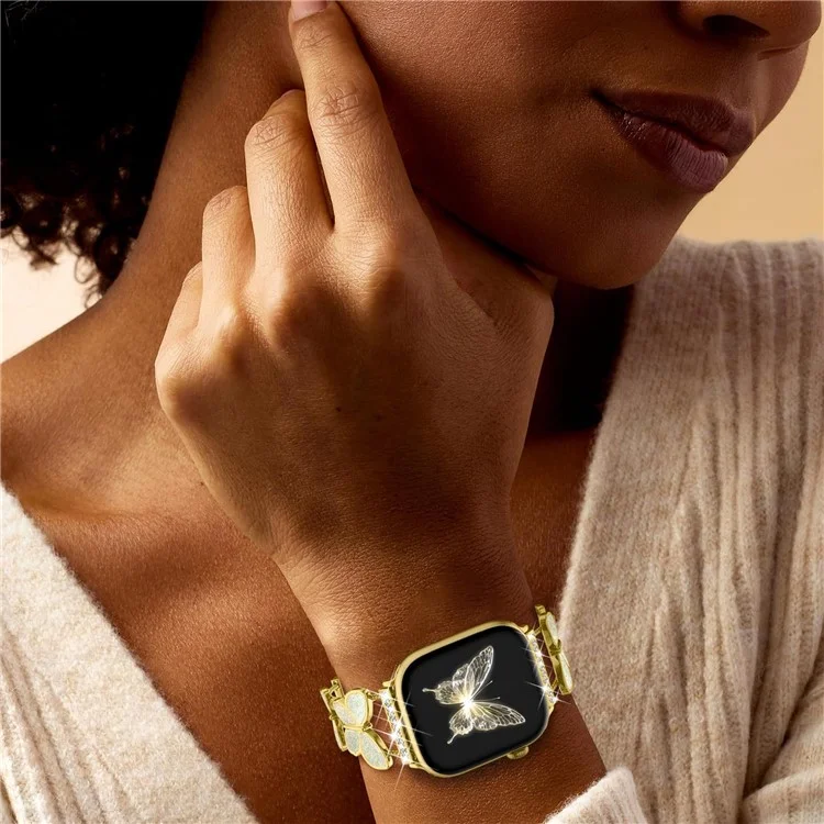 Zinc Alloy Bands For Apple Watch 10 Ultra 9 8 7 SE 6 5 4 3 2 1 46mm 49mm 45mm 44mm 42mm Double Butterfly Chain Strap - Gold  /  Glitter