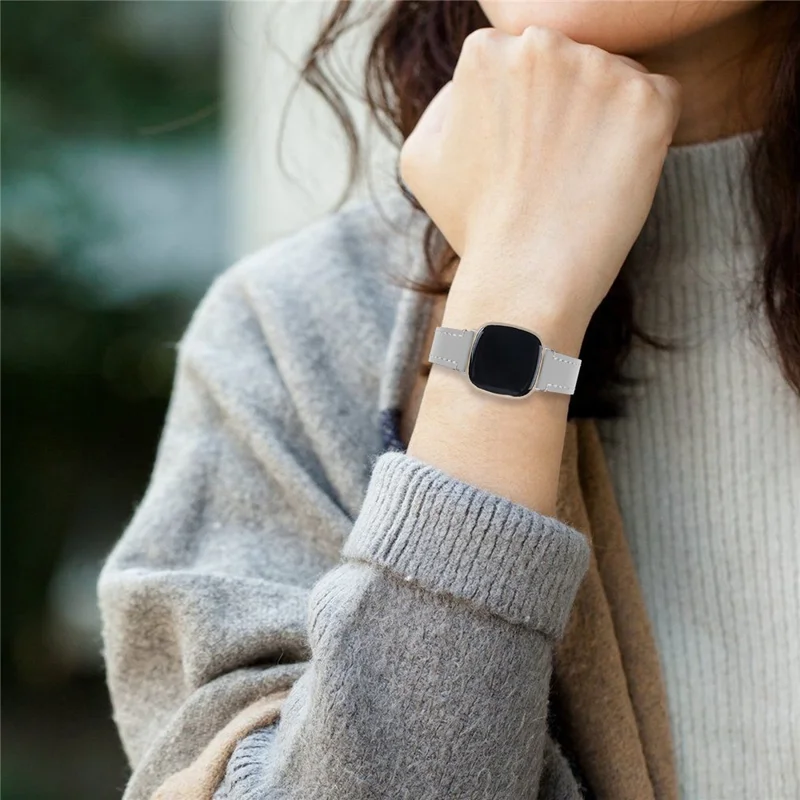 Replacement Genuine Leather Smart Watch Strap Cowhide Wrist Band for Fitbit Versa 3/Sense - Grey