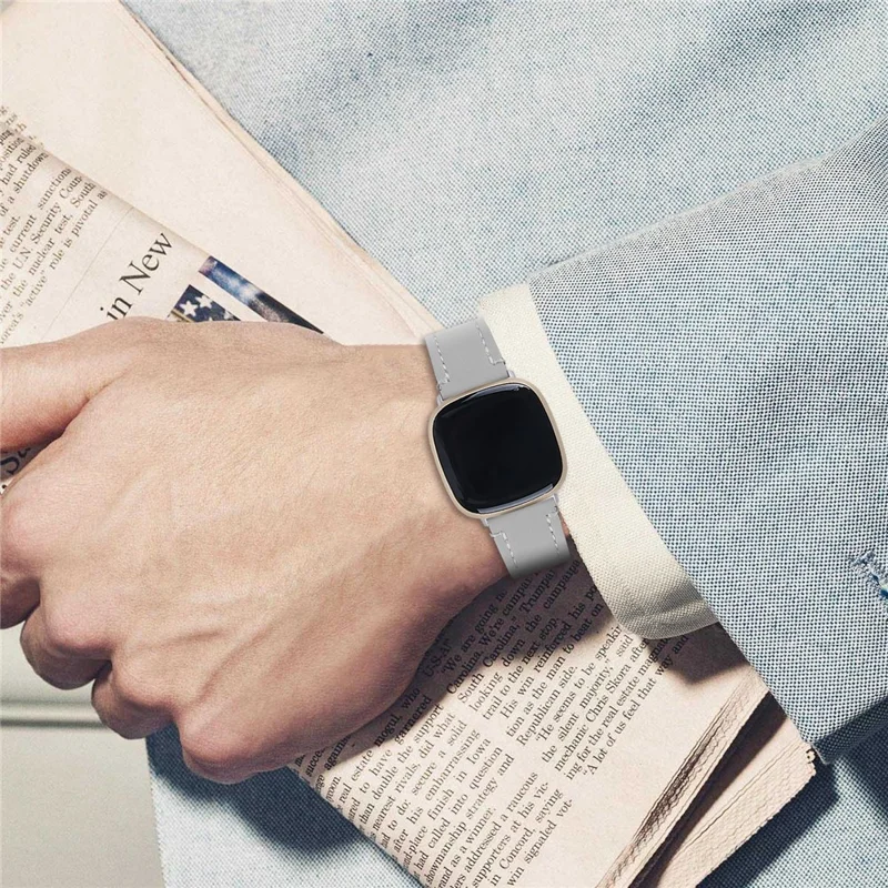 Replacement Genuine Leather Smart Watch Strap Cowhide Wrist Band for Fitbit Versa 3/Sense - Grey