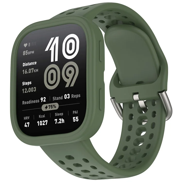 Для Huami Amazfit Bip 6 A2435 Силиконовый дышащий ремешок для часов + Защитный чехол - Темно-зеленый