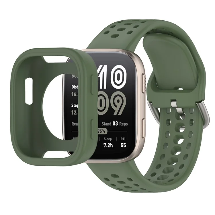 Для Huami Amazfit Bip 6 A2435 Силиконовый дышащий ремешок для часов + Защитный чехол - Темно-зеленый