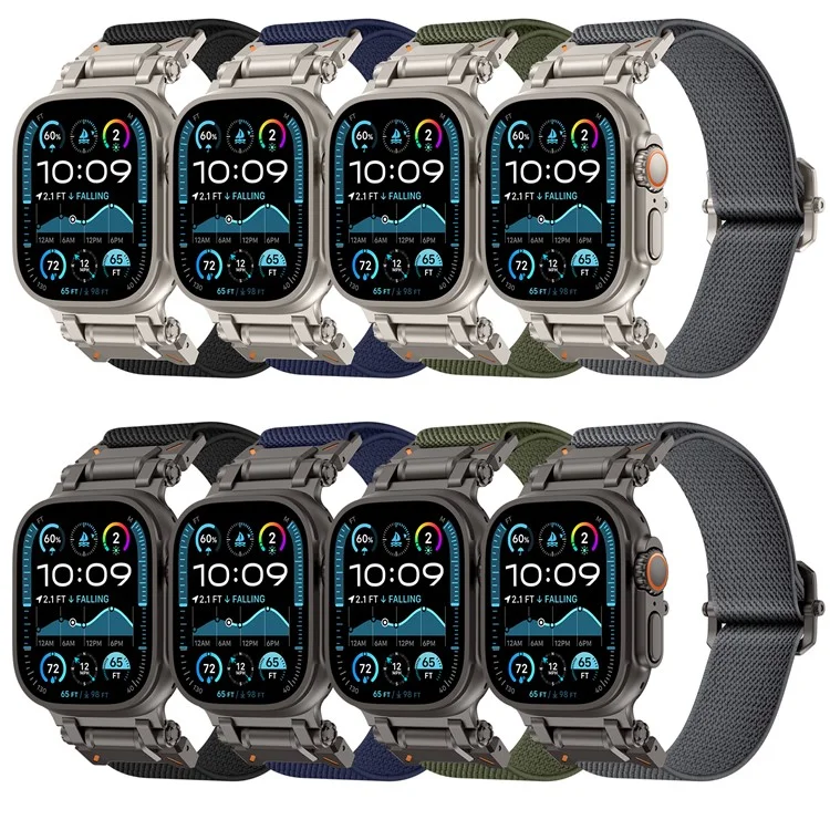 Bracelet pour Apple Watch Series 10 Ultra 9 8 7 SE 6 5 4 3 2 1 46mm 49mm 45mm 44mm 42mm Connecteur Métallique Noir Bracelet de Montre en Nylon - Vert
