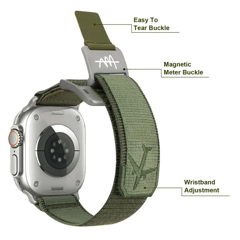 Replacement Strap for Apple Watch Series 10 Ultra 9 8 7 SE 6 5 4 3 2 1 46mm 49mm 45mm 44mm 42mm Magnetic Buckle Nylon Watch Band - Army Green / Titanium
